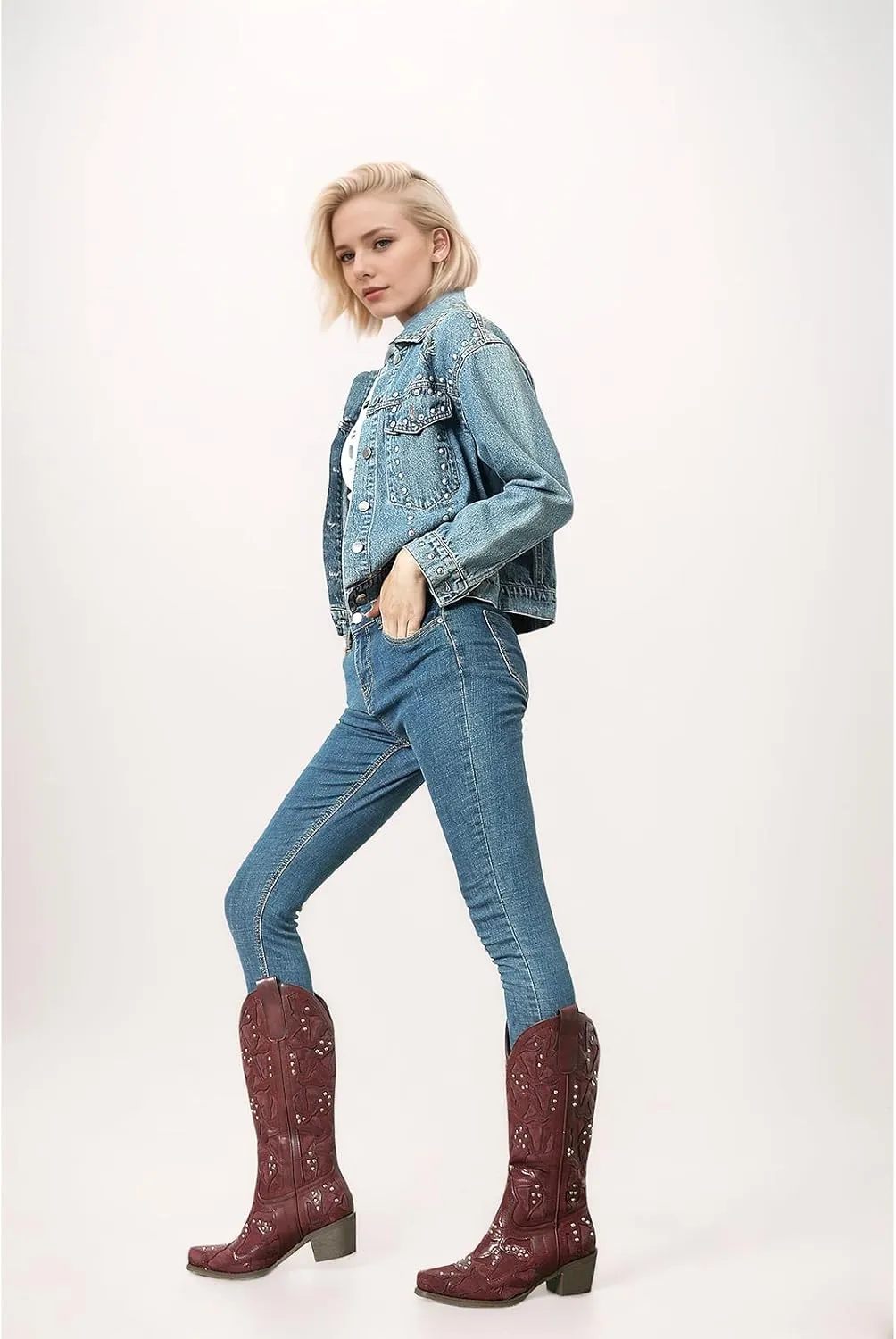 Cowboy Boots Women Leather Embroidery Ladies Square Toe Western Cowgirl Boots
