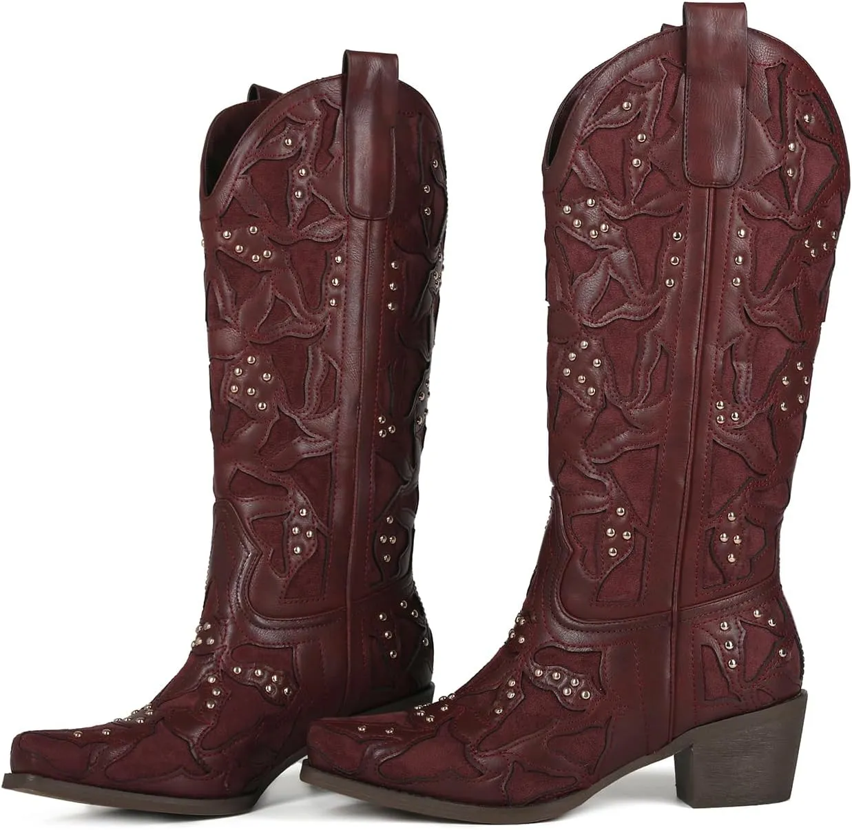 Cowboy Boots Women Leather Embroidery Ladies Square Toe Western Cowgirl Boots