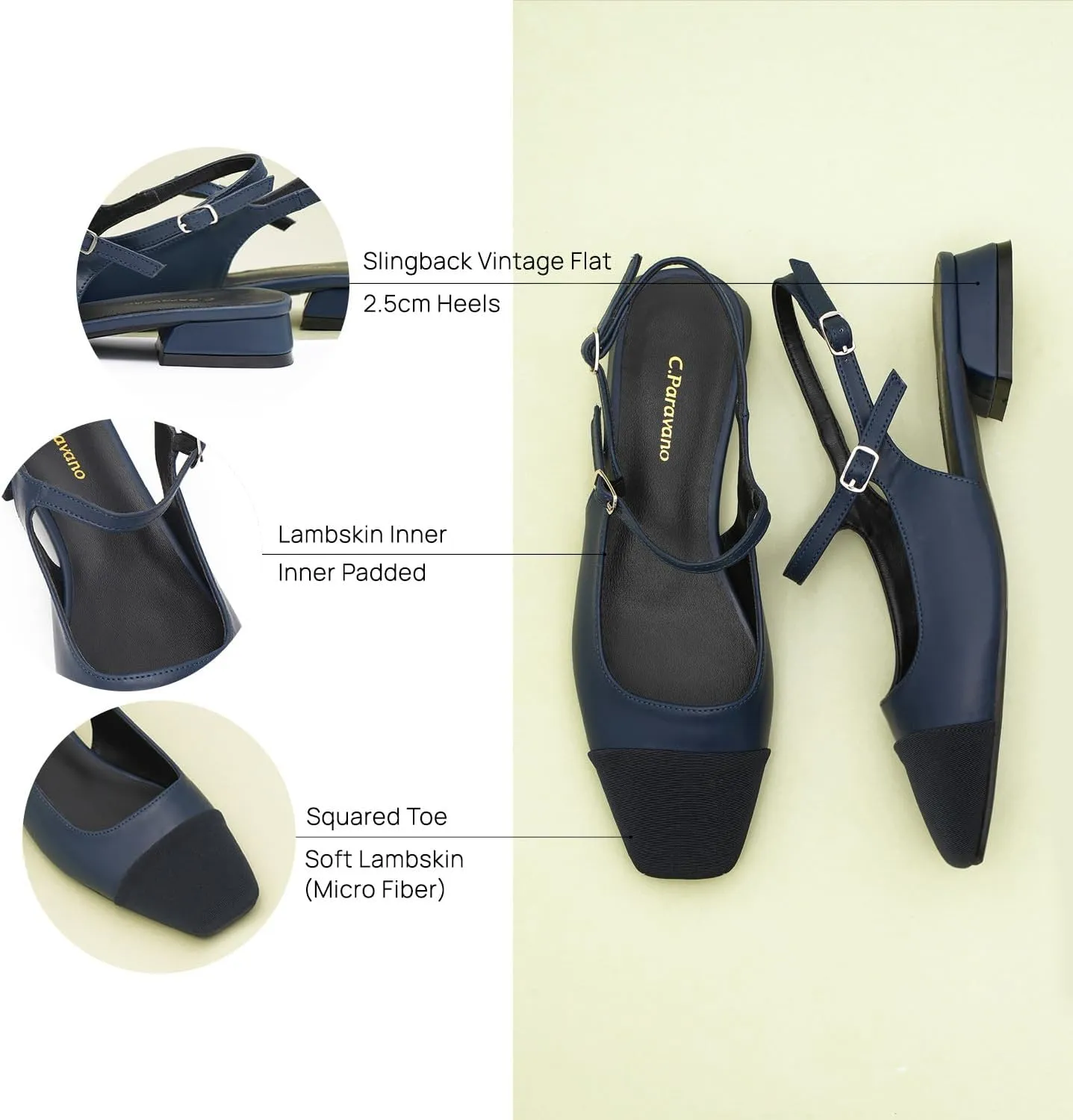 C.Paravano Women's Slingback | Square Toe Slingback Flats | Ankle Strap Flats Sandals | Slip on Casual Flats Shoes | Leather Dress Shoes for Wedding