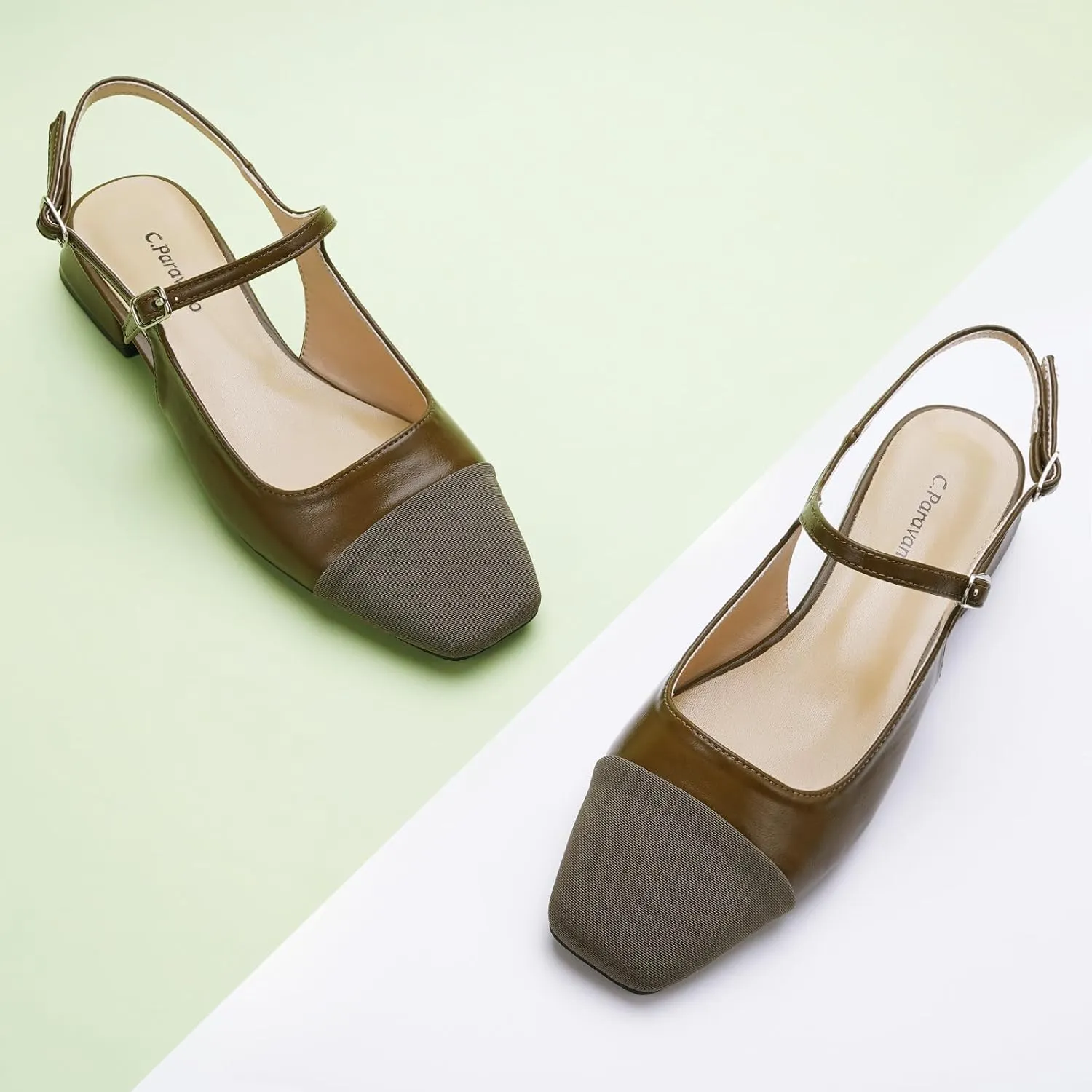 C.Paravano Women's Slingback | Square Toe Slingback Flats | Ankle Strap Flats Sandals | Slip on Casual Flats Shoes | Leather Dress Shoes for Wedding