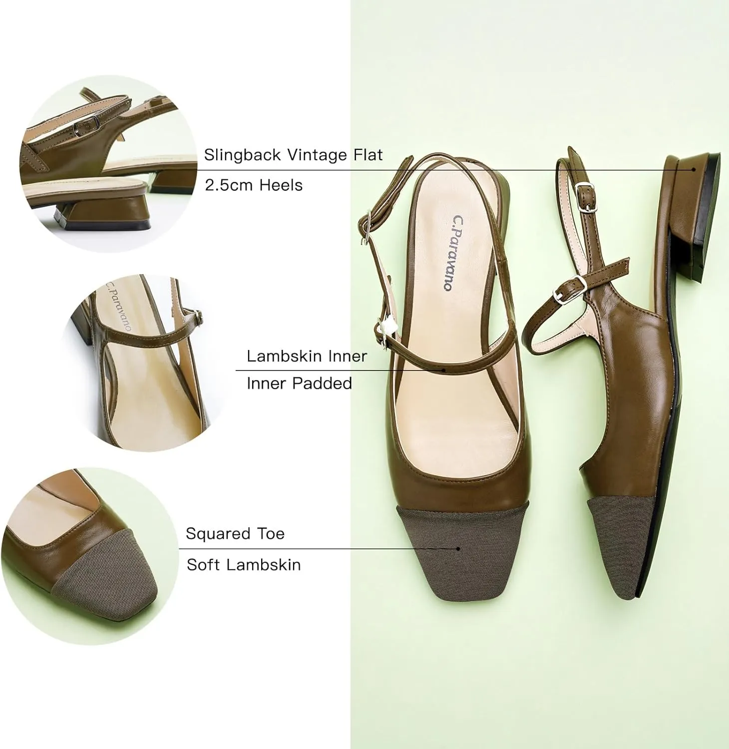C.Paravano Women's Slingback | Square Toe Slingback Flats | Ankle Strap Flats Sandals | Slip on Casual Flats Shoes | Leather Dress Shoes for Wedding