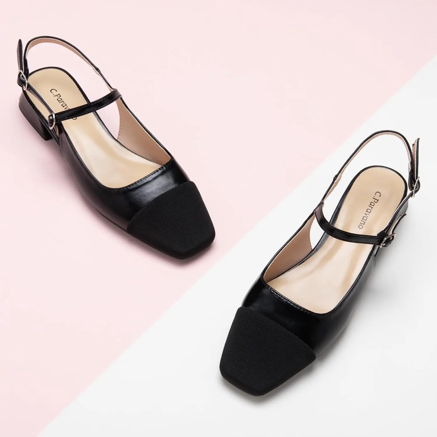 C.Paravano Women's Slingback | Square Toe Slingback Flats | Ankle Strap Flats Sandals | Slip on Casual Flats Shoes | Leather Dress Shoes for Wedding