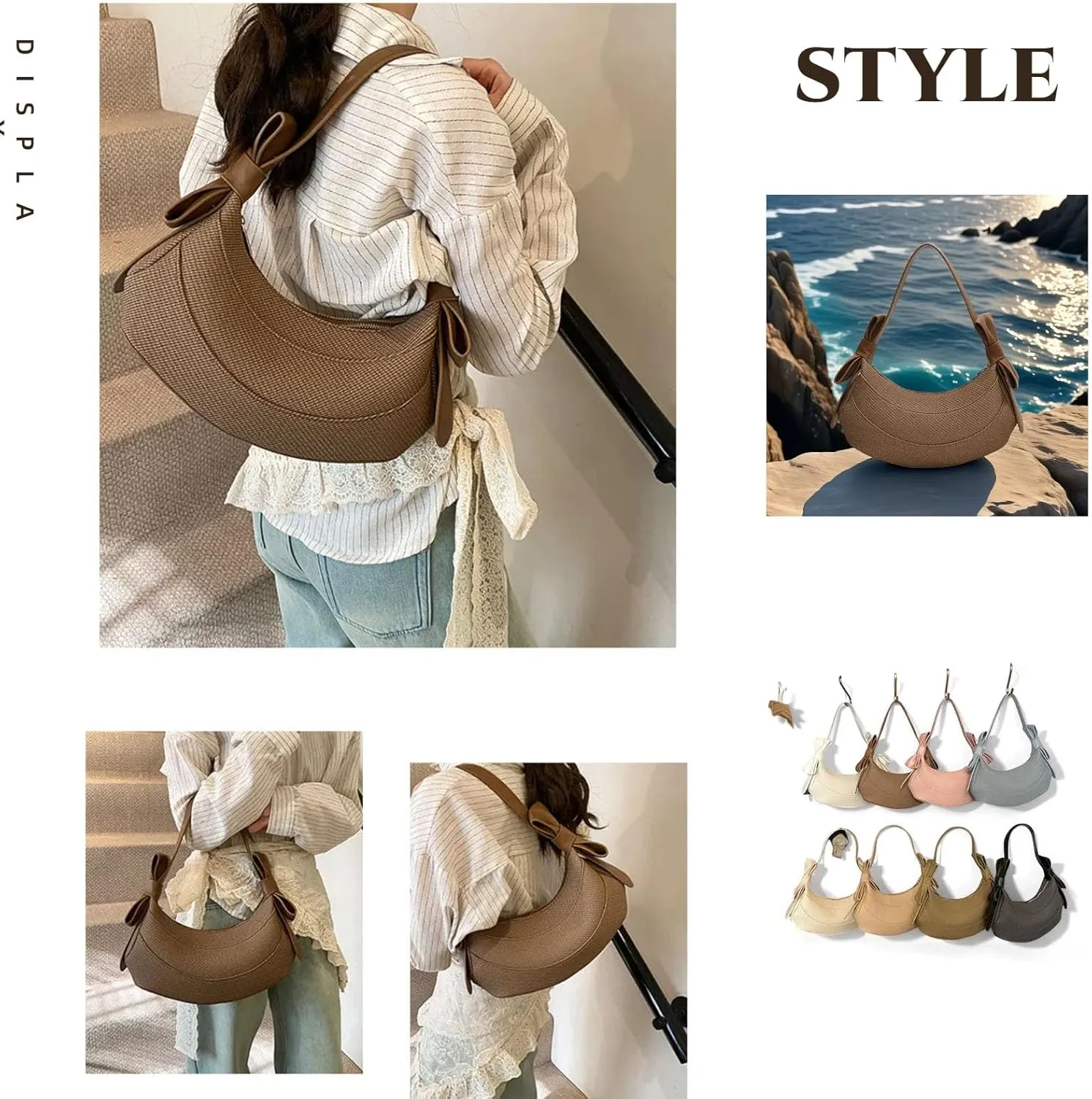 Crescent Shoulder Bag for Women- Cute Hobo Purse, Lightweight PU Y2K Handbag with Bow Straps for Summer Everyday