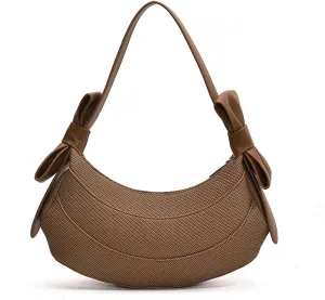 Crescent Shoulder Bag for Women- Cute Hobo Purse, Lightweight PU Y2K Handbag with Bow Straps for Summer Everyday
