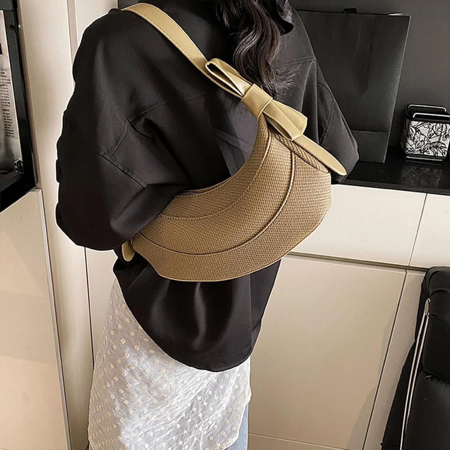 Crescent Shoulder Bag for Women- Cute Hobo Purse, Lightweight PU Y2K Handbag with Bow Straps for Summer Everyday