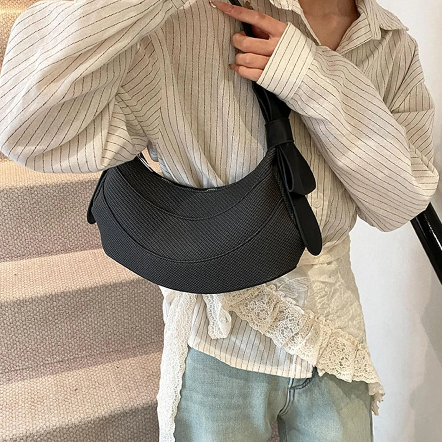 Crescent Shoulder Bag for Women- Cute Hobo Purse, Lightweight PU Y2K Handbag with Bow Straps for Summer Everyday