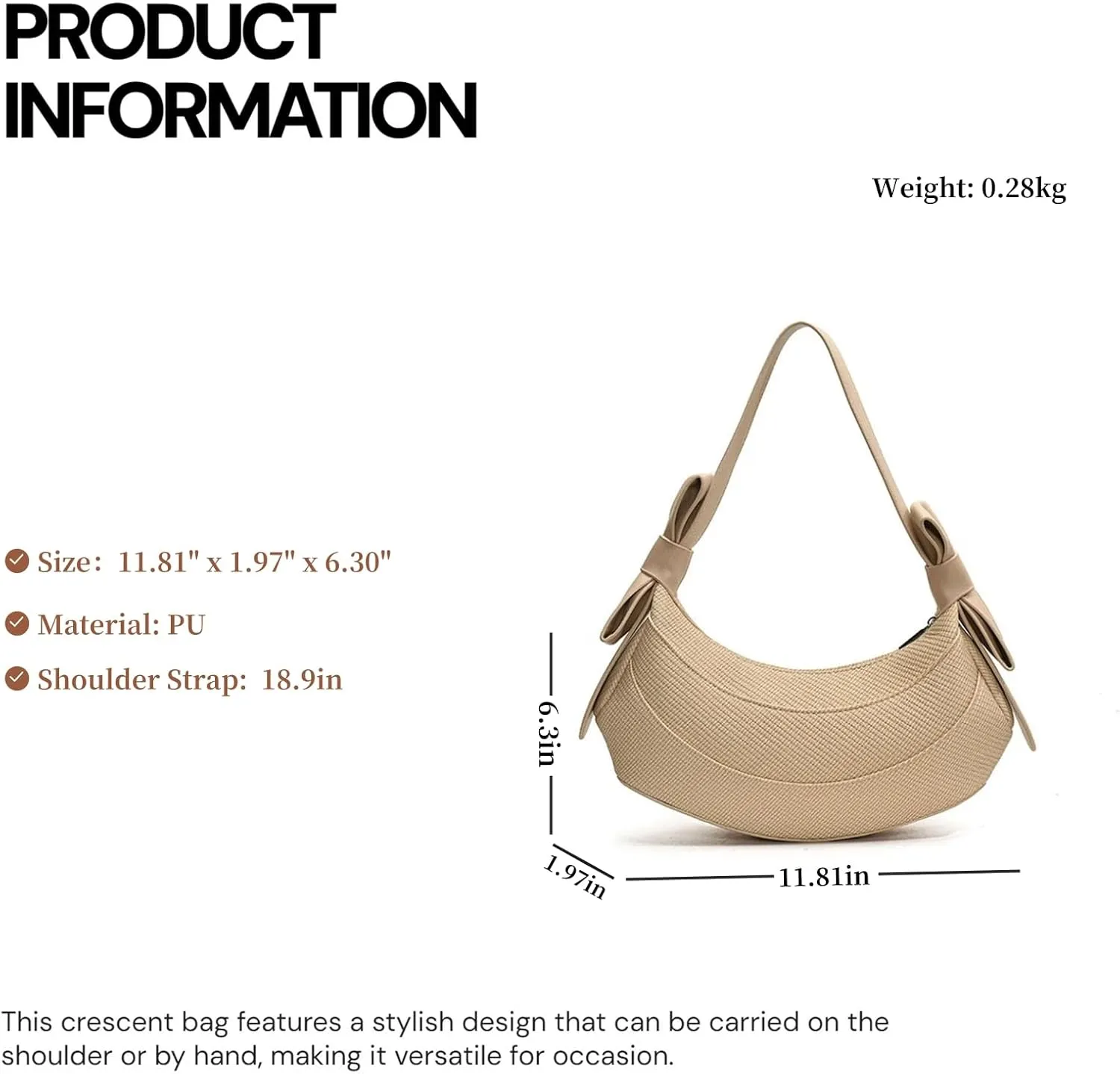Crescent Shoulder Bag for Women- Cute Hobo Purse, Lightweight PU Y2K Handbag with Bow Straps for Summer Everyday