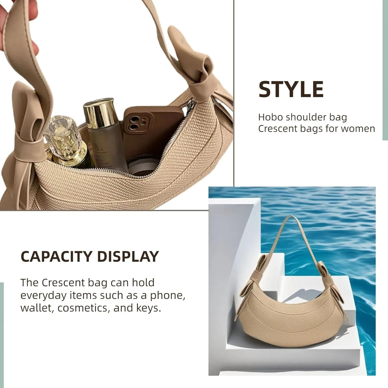 Crescent Shoulder Bag for Women- Cute Hobo Purse, Lightweight PU Y2K Handbag with Bow Straps for Summer Everyday