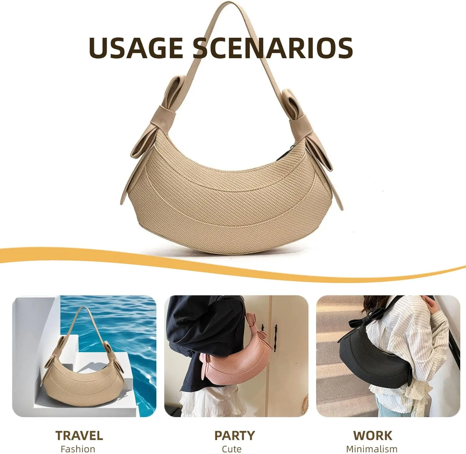 Crescent Shoulder Bag for Women- Cute Hobo Purse, Lightweight PU Y2K Handbag with Bow Straps for Summer Everyday