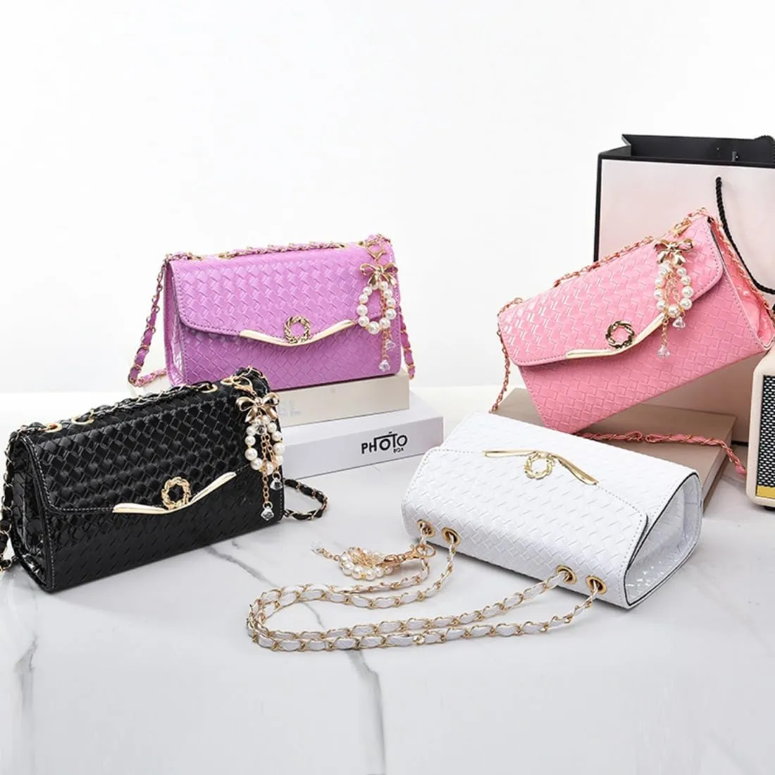 Crossbody Bag and Satchel Purse for Women - Fashion Chain woven shiny Chain Purse PU Leather HandBag