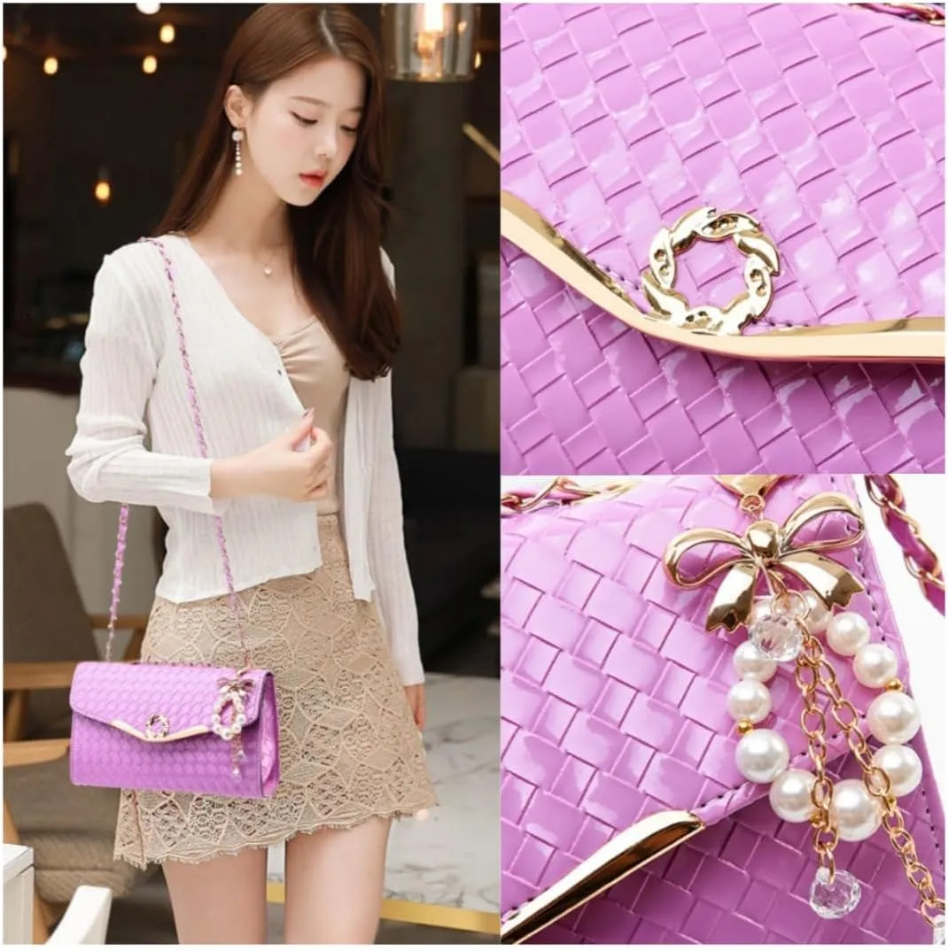 Crossbody Bag and Satchel Purse for Women - Fashion Chain woven shiny Chain Purse PU Leather HandBag