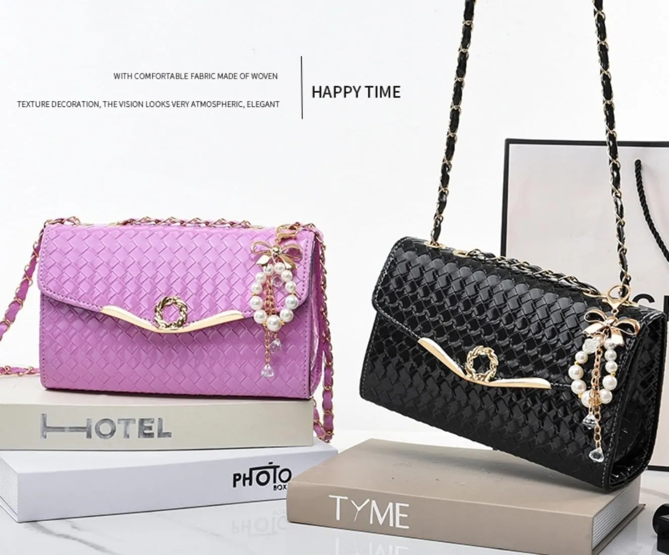 Crossbody Bag and Satchel Purse for Women - Fashion Chain woven shiny Chain Purse PU Leather HandBag