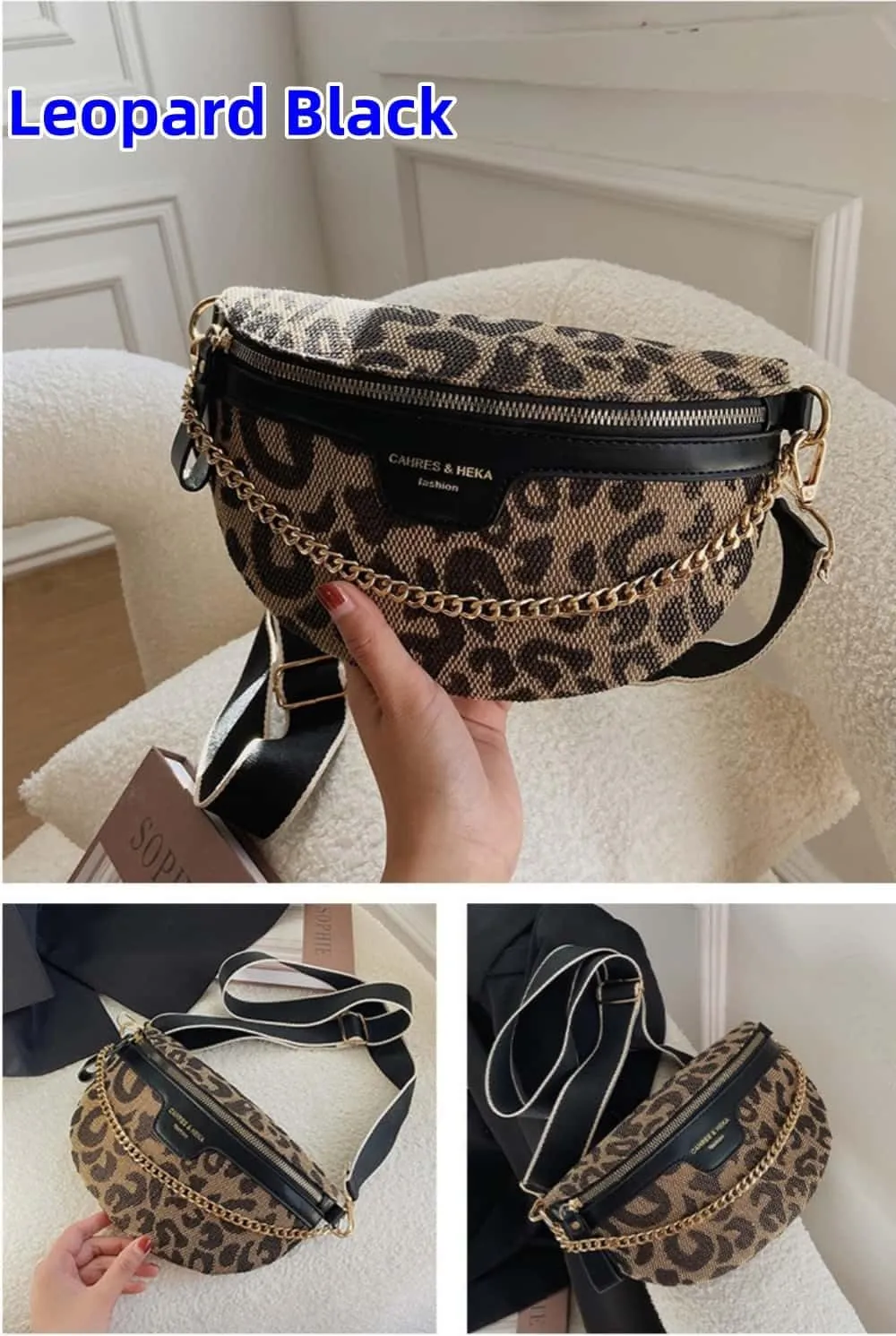 Crossbody Bags for Women Trendy All-match Sling Chest Bag Fashion Leopard Pattern Fanny Pack Zipper Casual Versatile (Leopard Black)