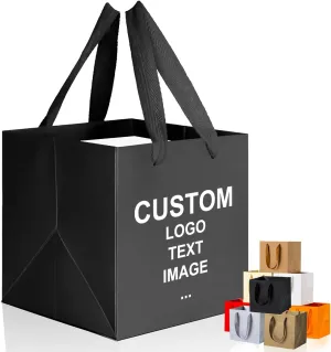 Custom 10Pack Eco-friendly Paper Gift Bags with Handles, Personalized Logo Square Shopping Bags,Party Favor Bags,Small Business Bags,Retail Bags (Black, 6x6x6 Inch)