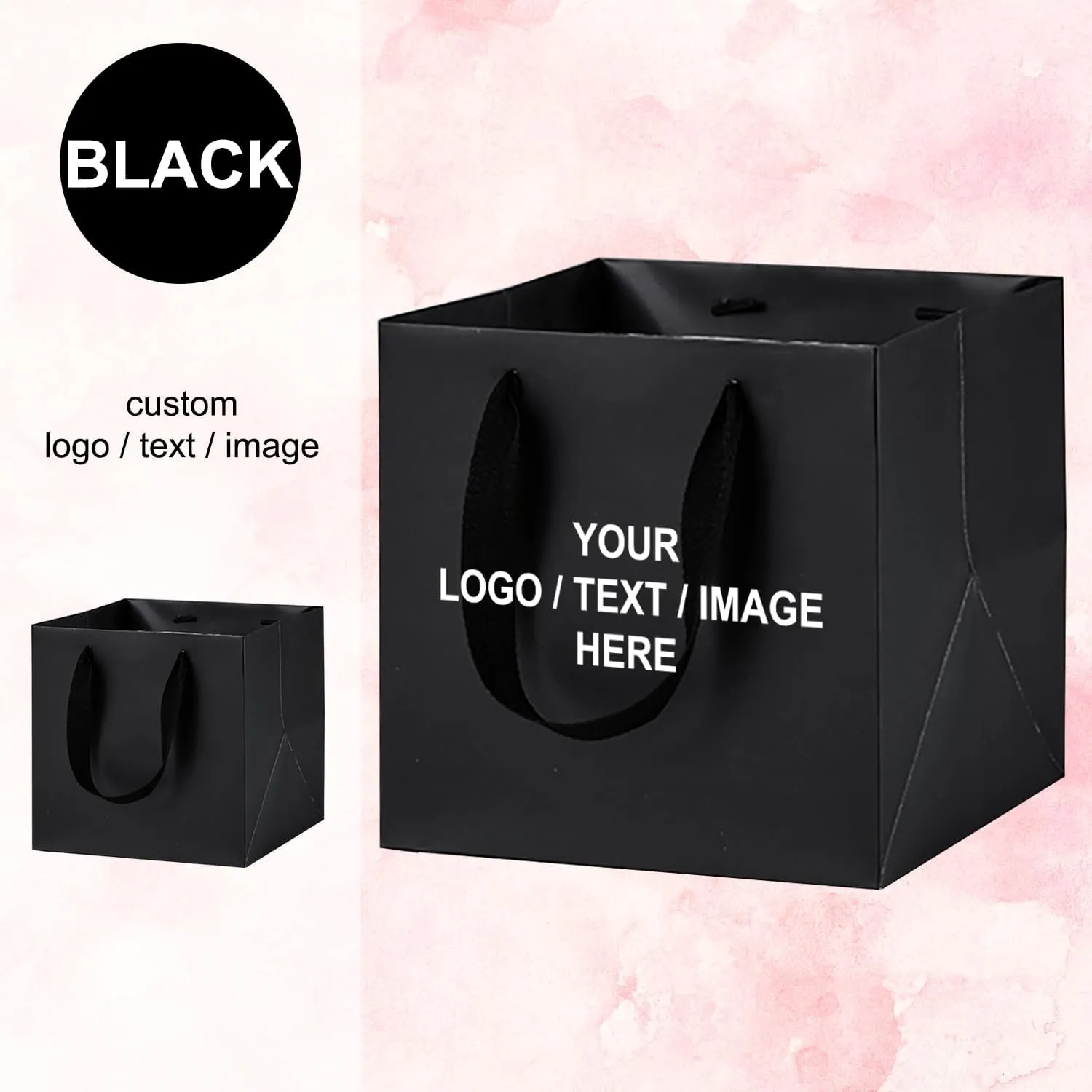 Custom 10Pack Eco-friendly Paper Gift Bags with Handles, Personalized Logo Square Shopping Bags,Party Favor Bags,Small Business Bags,Retail Bags (Black, 6x6x6 Inch)