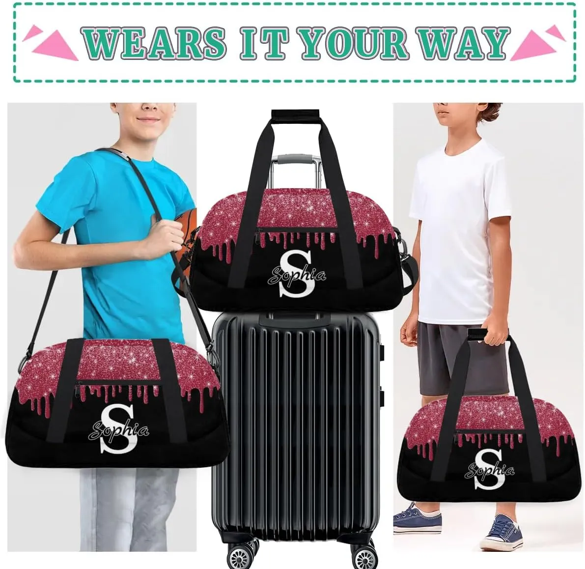 Custom Cheer Bag Dance Gym Bags for Women, Personalized Name Sport Duffel Bag Weekender Bags Travel Duffel Bags Drips Red Glitter Fluids Personalized Gifts