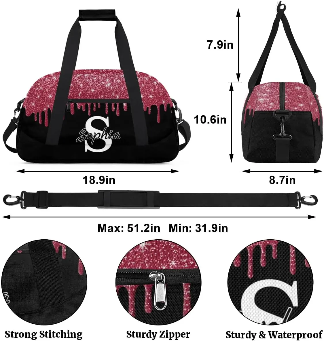 Custom Cheer Bag Dance Gym Bags for Women, Personalized Name Sport Duffel Bag Weekender Bags Travel Duffel Bags Drips Red Glitter Fluids Personalized Gifts