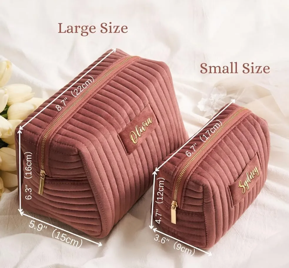 Custom Cosmetic Bag Personalized Makeup Bag with Logo/Photo/Labeled Design,Velvet Quilted Travel Toiletry Pouch Accessories Brushes Girls Women Gift for Wedding Birthday,Big Pink/Blue
