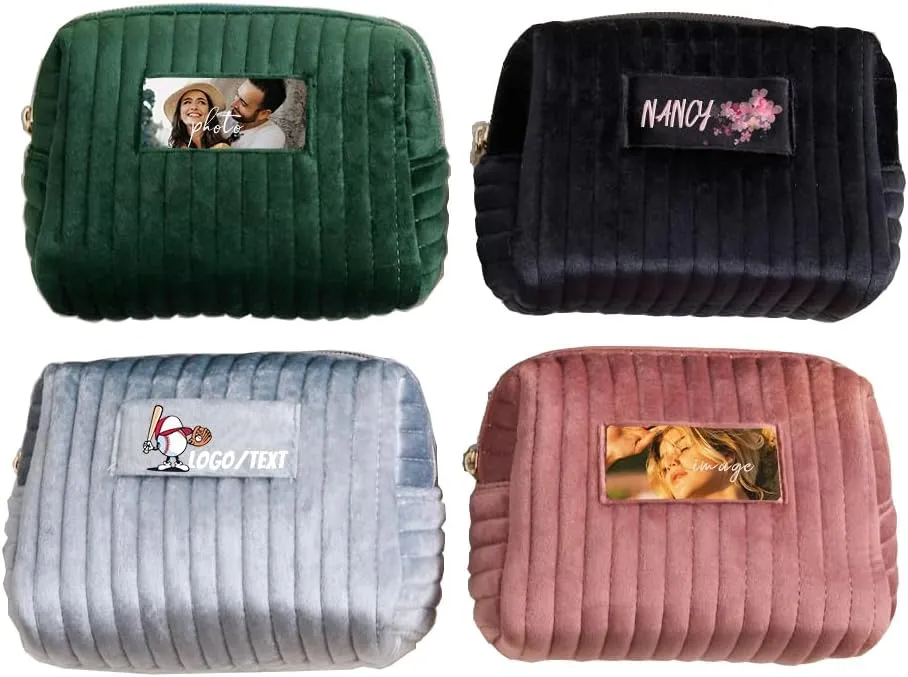 Custom Cosmetic Bag Personalized Makeup Bag with Logo/Photo/Labeled Design,Velvet Quilted Travel Toiletry Pouch Accessories Brushes Girls Women Gift for Wedding Birthday,Big Pink/Blue