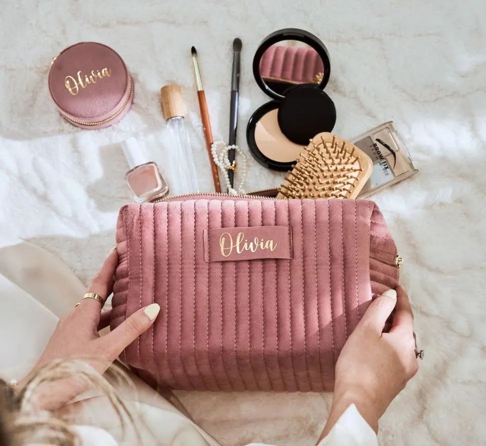 Custom Cosmetic Bag Personalized Makeup Bag with Logo/Photo/Labeled Design,Velvet Quilted Travel Toiletry Pouch Accessories Brushes Girls Women Gift for Wedding Birthday,Big Pink/Blue