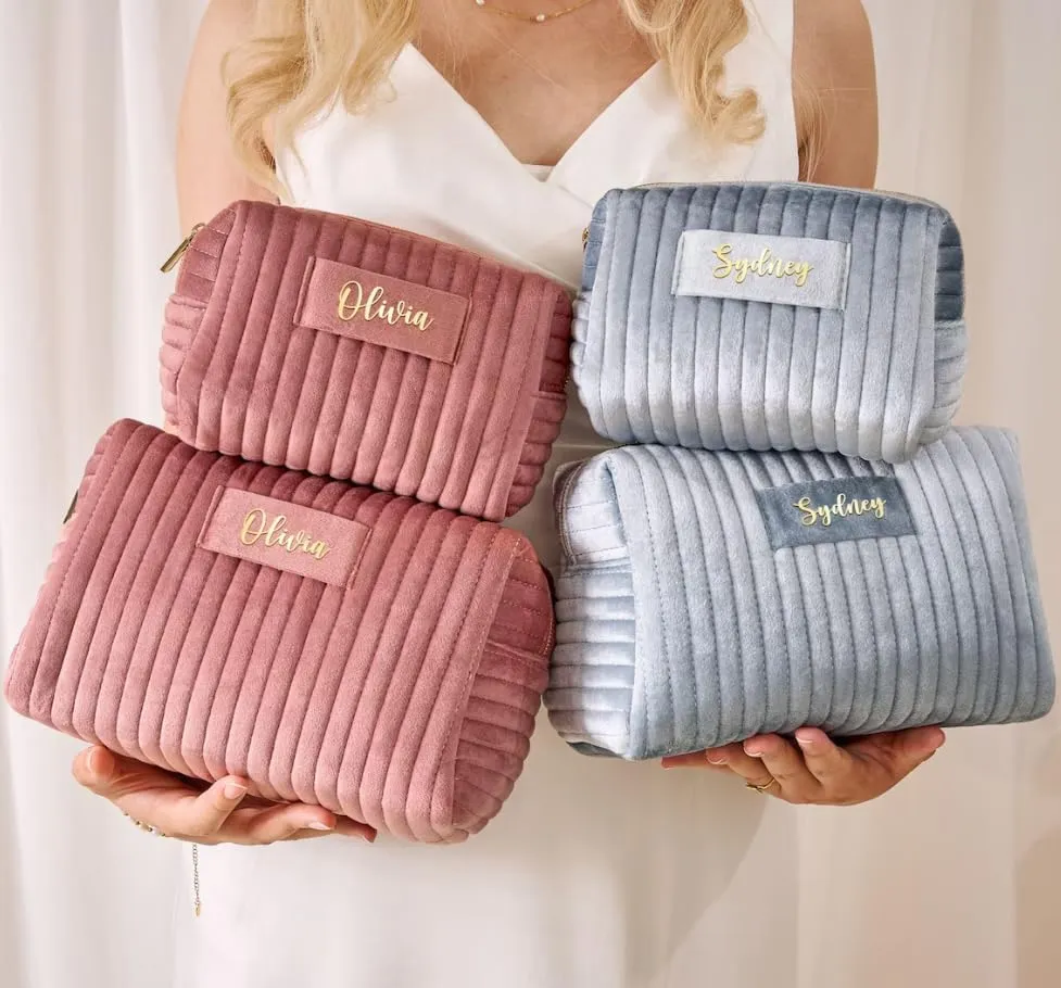 Custom Cosmetic Bag Personalized Makeup Bag with Logo/Photo/Labeled Design,Velvet Quilted Travel Toiletry Pouch Accessories Brushes Girls Women Gift for Wedding Birthday,Big Pink/Blue