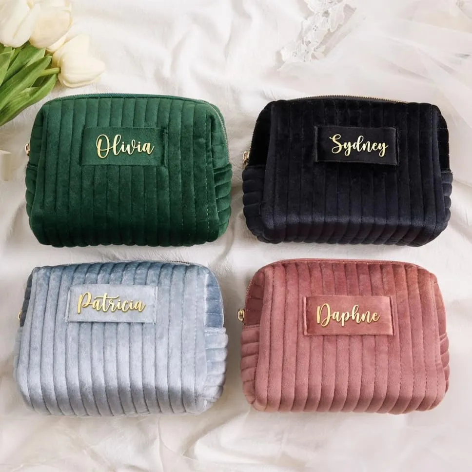 Custom Cosmetic Bag Personalized Makeup Bag with Logo/Photo/Labeled Design,Velvet Quilted Travel Toiletry Pouch Accessories Brushes Girls Women Gift for Wedding Birthday,Big Pink/Blue