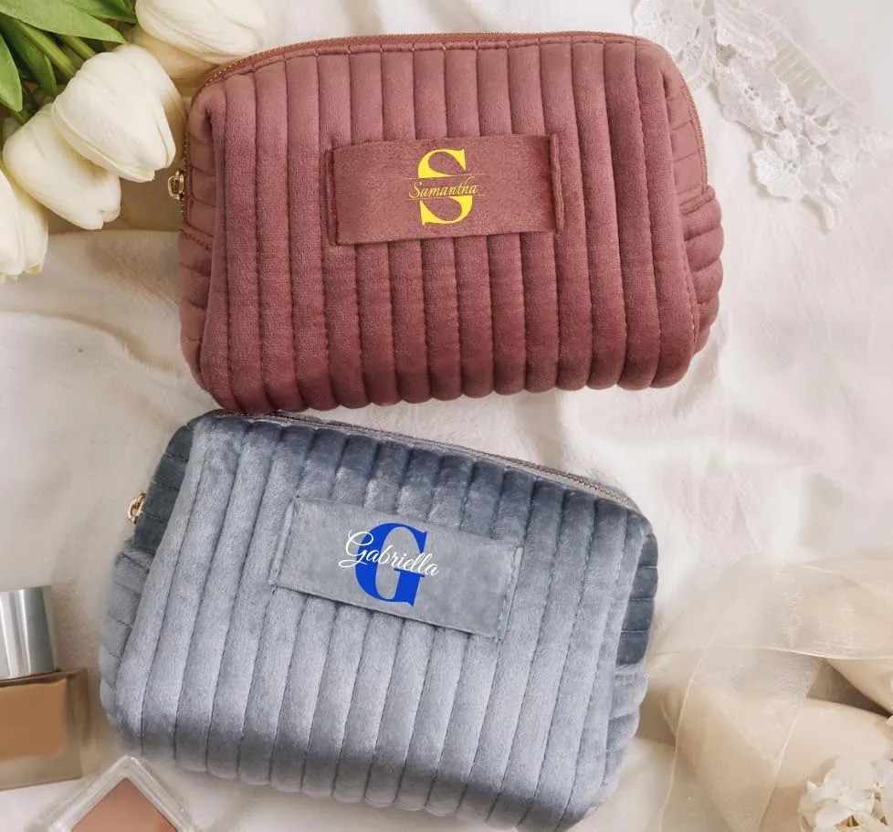 Custom Cosmetic Bag Personalized Makeup Bag with Logo/Photo/Labeled Design,Velvet Quilted Travel Toiletry Pouch Accessories Brushes Girls Women Gift for Wedding Birthday,Big Pink/Blue