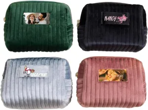 Custom Cosmetic Bag Personalized Makeup Bag with Logo/Photo/Labeled Design,Velvet Quilted Travel Toiletry Pouch Accessories Brushes Girls Women Gift for Wedding Birthday,Big Pink/Blue