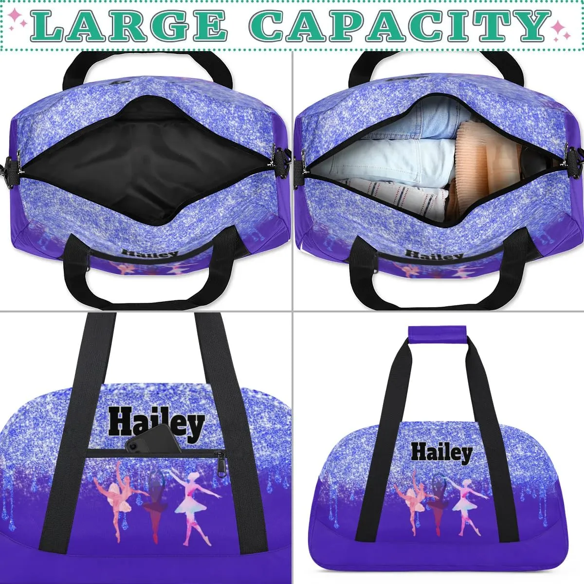 Custom Dance Bag Gym Bag for Girls Name on Bag, Overnight Duffel Bags Personalized Sport Gym Bag, Blue Bling Glitter Purple Travel Training Gymnastics Duffel Bag