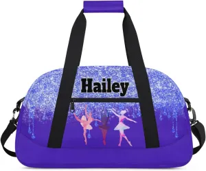 Custom Dance Bag Gym Bag for Girls Name on Bag, Overnight Duffel Bags Personalized Sport Gym Bag, Blue Bling Glitter Purple Travel Training Gymnastics Duffel Bag