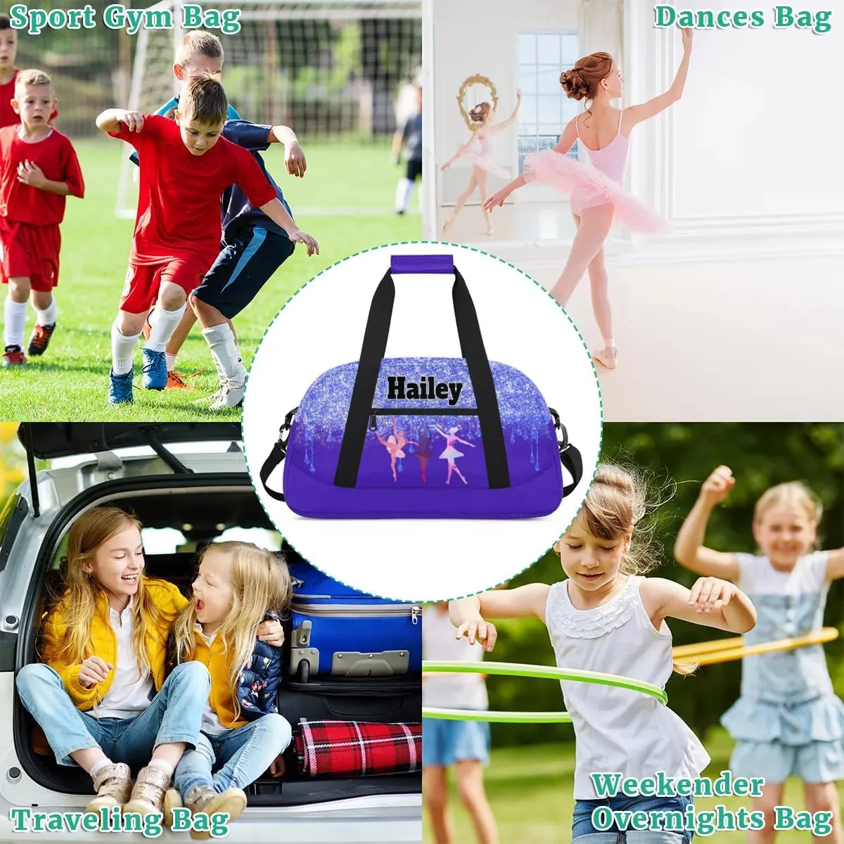 Custom Dance Bag Gym Bag for Girls Name on Bag, Overnight Duffel Bags Personalized Sport Gym Bag, Blue Bling Glitter Purple Travel Training Gymnastics Duffel Bag