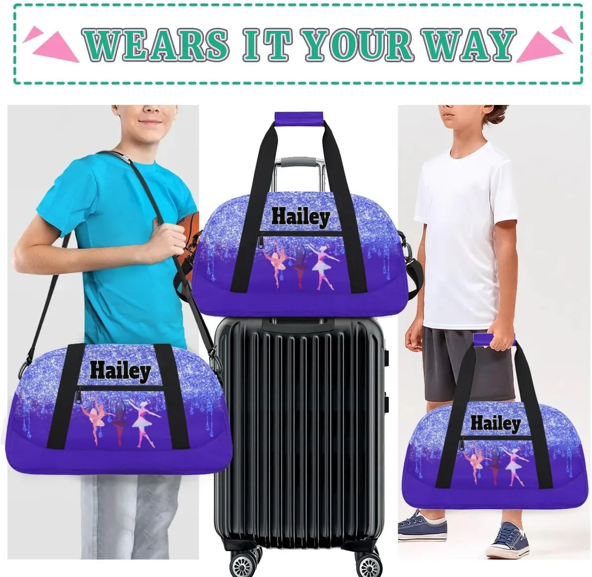 Custom Dance Bag Gym Bag for Girls Name on Bag, Overnight Duffel Bags Personalized Sport Gym Bag, Blue Bling Glitter Purple Travel Training Gymnastics Duffel Bag