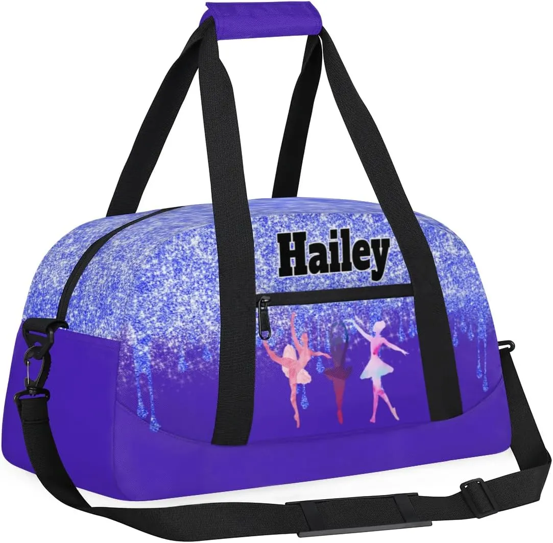Custom Dance Bag Gym Bag for Girls Name on Bag, Overnight Duffel Bags Personalized Sport Gym Bag, Blue Bling Glitter Purple Travel Training Gymnastics Duffel Bag