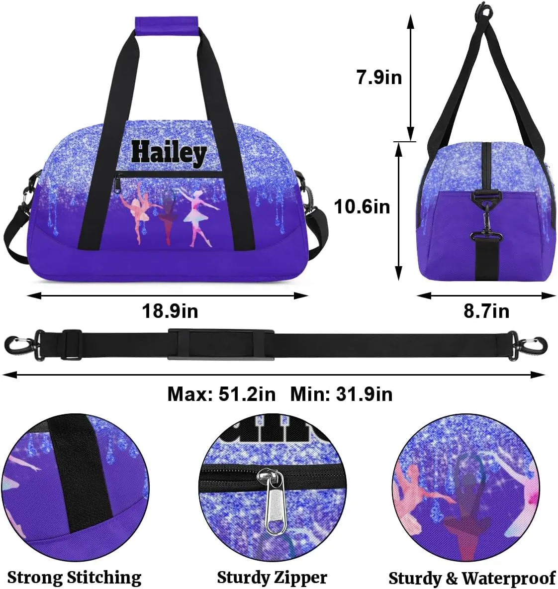 Custom Dance Bag Gym Bag for Girls Name on Bag, Overnight Duffel Bags Personalized Sport Gym Bag, Blue Bling Glitter Purple Travel Training Gymnastics Duffel Bag