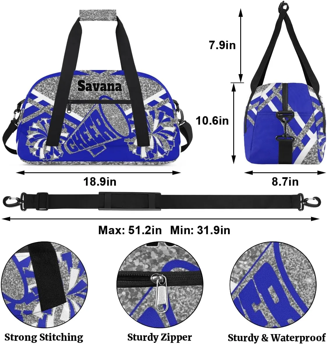 Custom Name Cheer Gym Dance Duffel Weekender Travel Cheerleading Bag, Silver Glitters Royal Blue