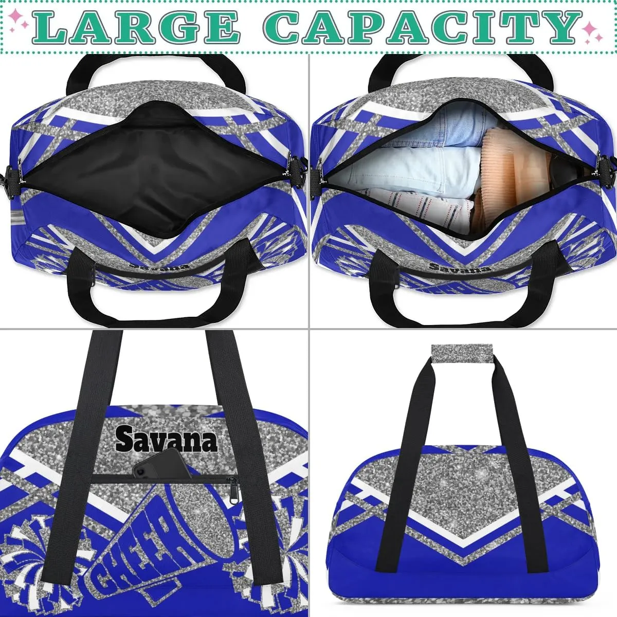 Custom Name Cheer Gym Dance Duffel Weekender Travel Cheerleading Bag, Silver Glitters Royal Blue