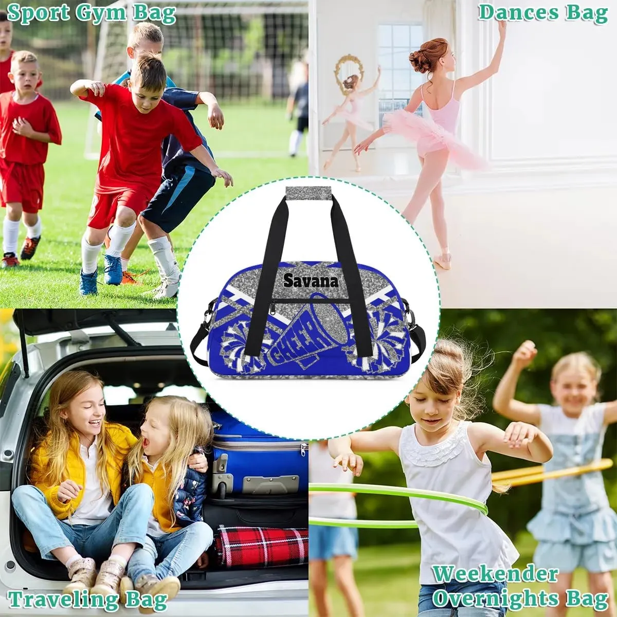 Custom Name Cheer Gym Dance Duffel Weekender Travel Cheerleading Bag, Silver Glitters Royal Blue