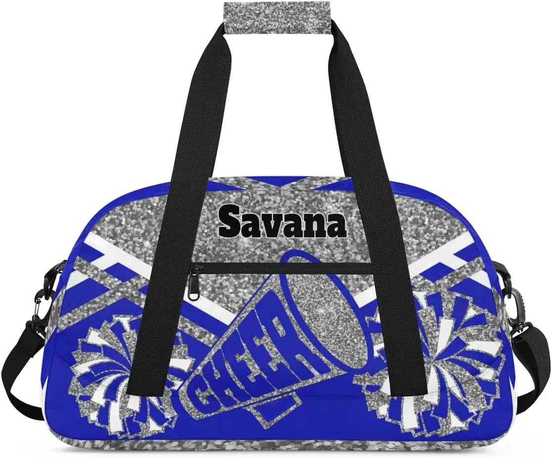 Custom Name Cheer Gym Dance Duffel Weekender Travel Cheerleading Bag, Silver Glitters Royal Blue