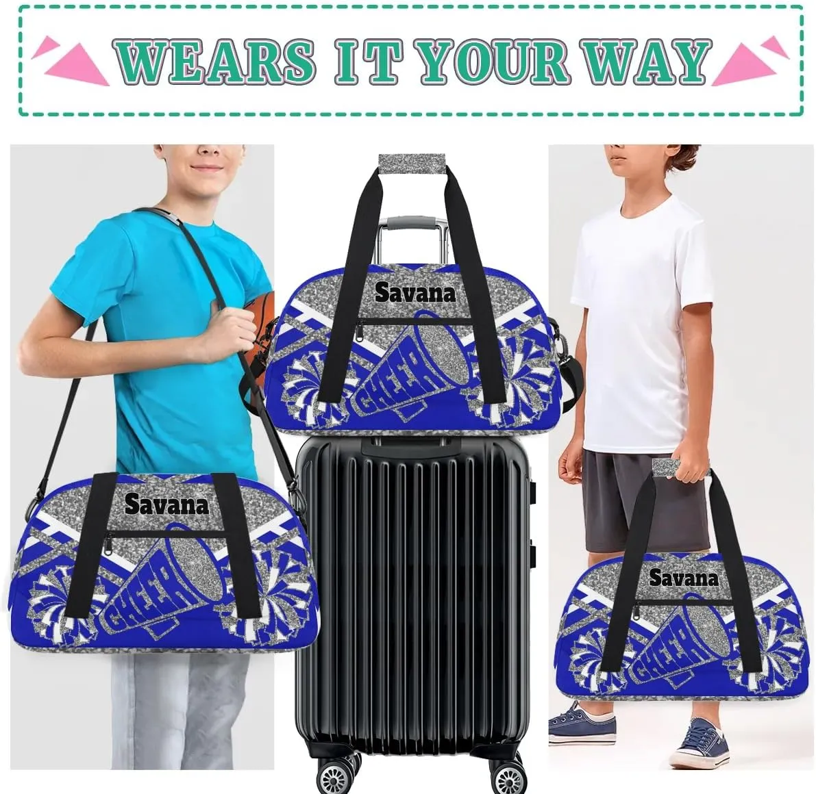 Custom Name Cheer Gym Dance Duffel Weekender Travel Cheerleading Bag, Silver Glitters Royal Blue