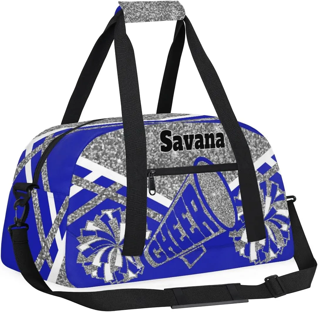 Custom Name Cheer Gym Dance Duffel Weekender Travel Cheerleading Bag, Silver Glitters Royal Blue