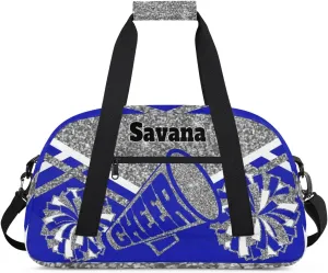 Custom Name Cheer Gym Dance Duffel Weekender Travel Cheerleading Bag, Silver Glitters Royal Blue