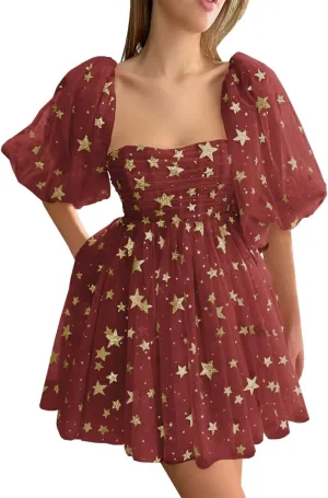Custom Sparkly Starry Tulle Short Homecoming Dresses for Teens Glitter Star Mini Prom Dress Puffy Sleeve Formal Gown
