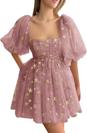 Custom Sparkly Starry Tulle Short Homecoming Dresses for Teens Glitter Star Mini Prom Dress Puffy Sleeve Formal Gown