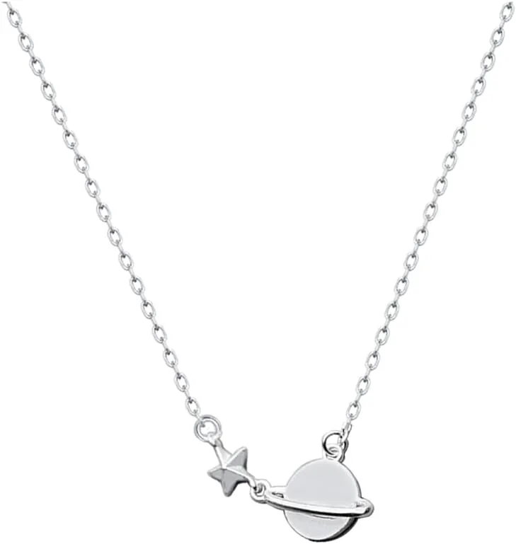 Cute Planet Saturn Star Necklace Tiny 925 Sterling Silver Pendant Choker Necklaces for Women Small Chain Necklace Dainty Delicate Jewelry Gifts for Daughter Bff Birthday 17"