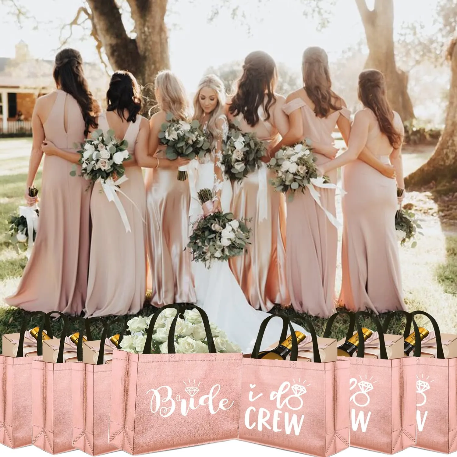 CUTERUI GIFTED 8 Pieces Rose Gold I Do Crew and Bride Non-Woven Gift Bags for Bridesmaid Gifts,Bachelorette Party Favors,Bridal Party Gifts