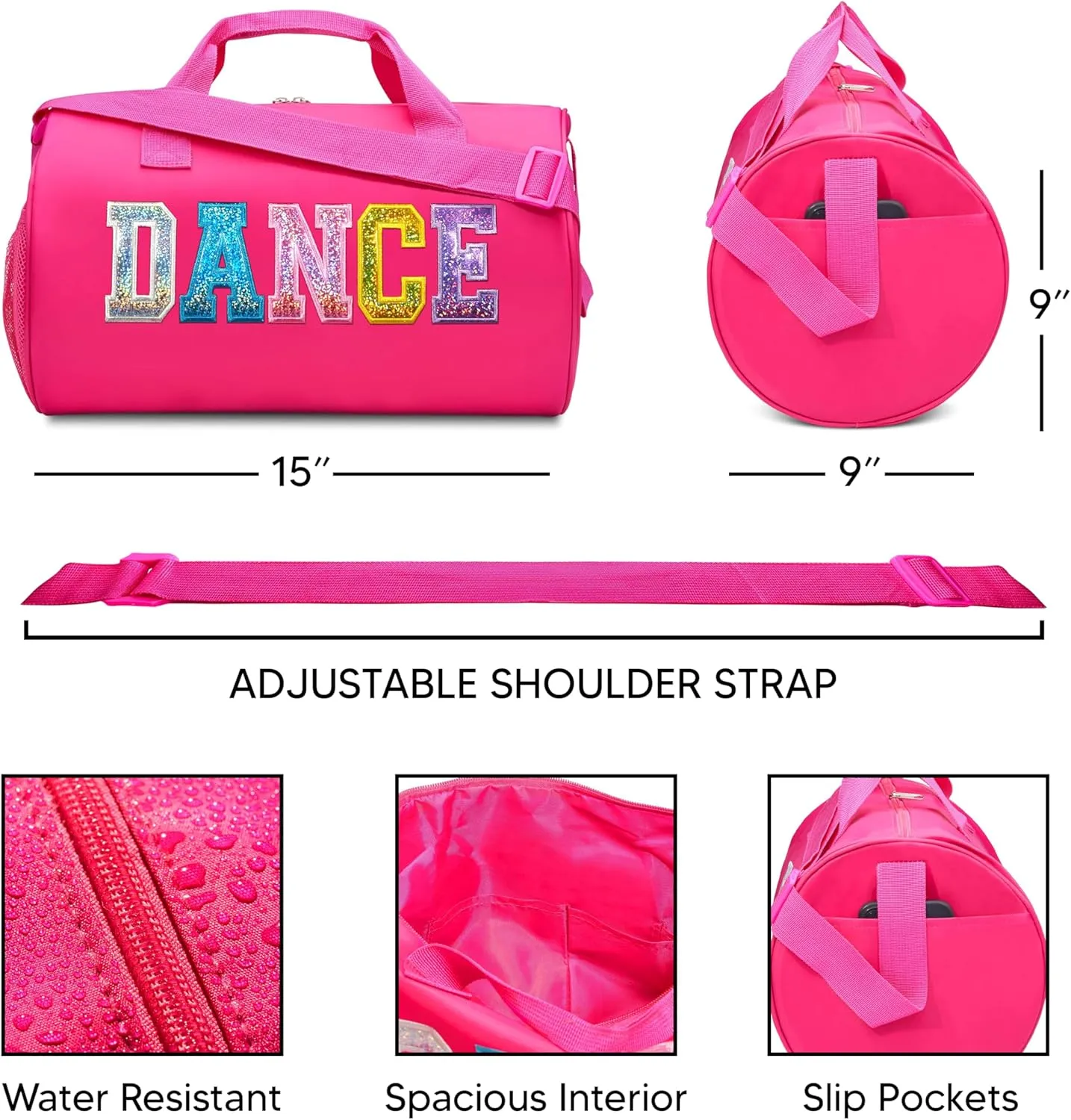 Dance Duffle Bag for Girls, Kids Travel Bag with Adjustable Carry on and Handy Pouch, Dance Accessories for Girls, Teens (Fuchsia/Multi)