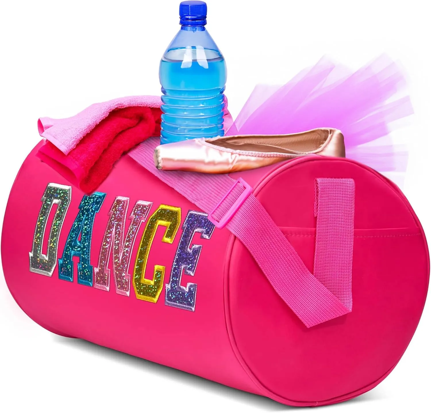 Dance Duffle Bag for Girls, Kids Travel Bag with Adjustable Carry on and Handy Pouch, Dance Accessories for Girls, Teens (Fuchsia/Multi)