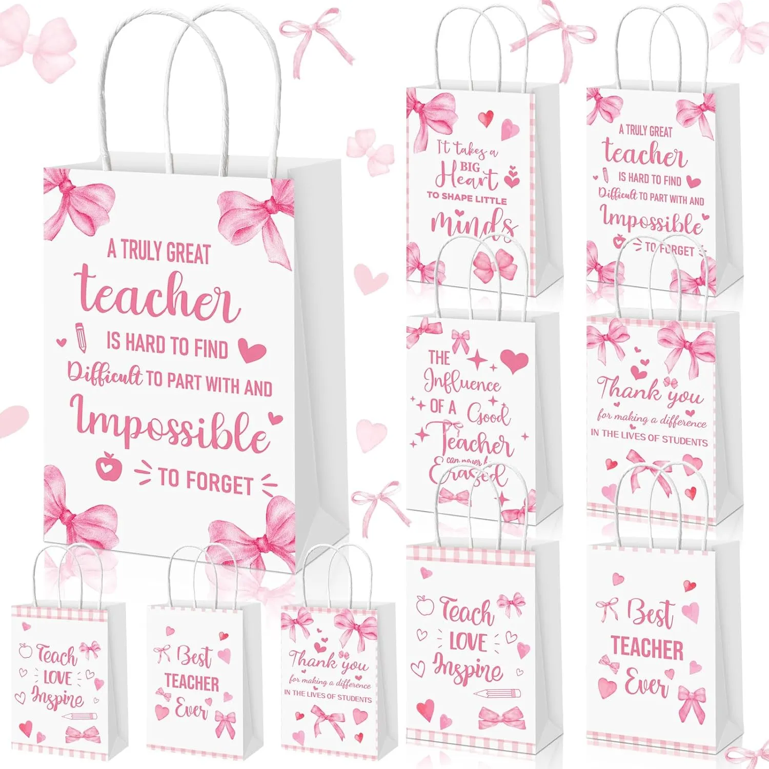 Dansydaisy 24 Pcs Teacher Appreciation Gift Bags Pink Bow Teacher Gift Bags with Handle Paper Goodie Treat Candy for School Graduation End of Year Party Supplies