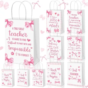 Dansydaisy 24 Pcs Teacher Appreciation Gift Bags Pink Bow Teacher Gift Bags with Handle Paper Goodie Treat Candy for School Graduation End of Year Party Supplies