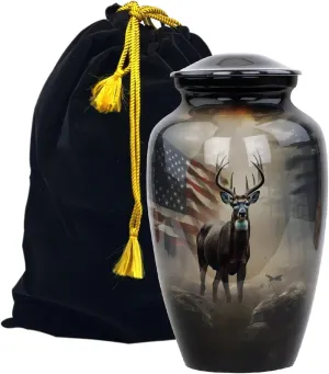 Deer with American Flage, Handicrafts Cremation. Adult Handicrafts Mail- Femail Cremation Urn Large Adult 200 Cubic inch, Deer Urns Painted Urns with Velvat Bag. URN